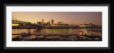 Framed Buildings in a city lit up at dusk, Cincinnati, Ohio, USA Print