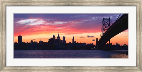 Framed Silhouette of a suspension bridge across a river, Ben Franklin Bridge, Delaware River, Philadelphia, Pennsylvania, USA Print