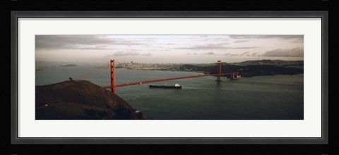 Framed Barge passing under a bridge, Golden Gate Bridge, San Francisco, California, USA Print