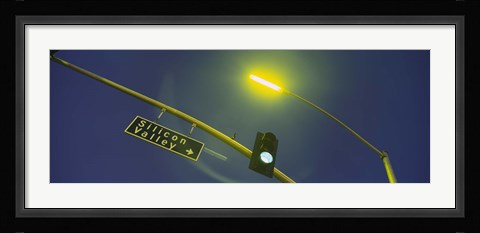 Framed Low angle view of traffic light and a street sign, Silicon Valley, San Francisco, California, USA Print