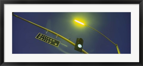 Framed Low angle view of traffic light and a street sign, Silicon Valley, San Francisco, California, USA Print