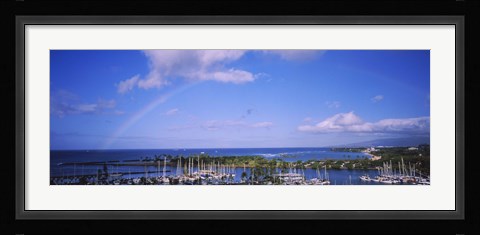 Framed Rainbow Over Boats in Honolulu, Hawaii Print