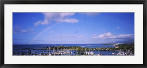 Framed Rainbow Over Boats in Honolulu, Hawaii Print