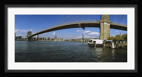 Framed Suspension bridge across a river, Brooklyn Bridge, East River, Manhattan, New York City, New York State, USA Print