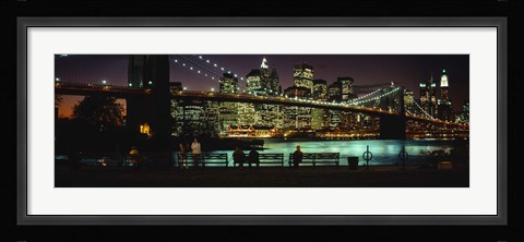 Framed Suspension bridge lit up at dusk, Brooklyn Bridge, East River, Manhattan, New York City, New York State, USA Print
