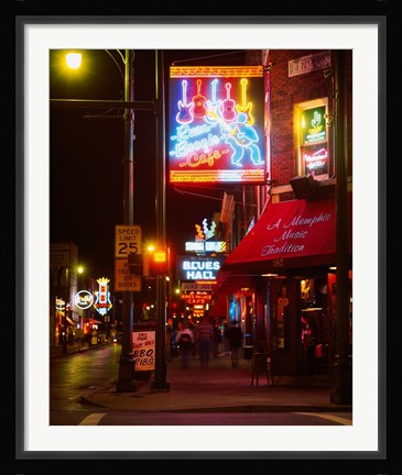 Framed Neon sign lit up at night in a city, Rum Boogie Cafe, Beale Street, Memphis, Shelby County, Tennessee, USA Print