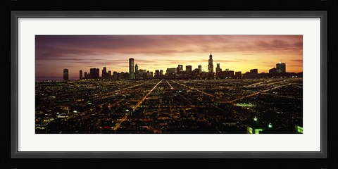 Framed CGI composite, High angle view of a city at night, Chicago, Cook County, Illinois, USA Print