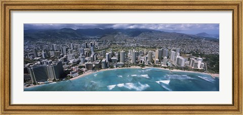 Framed Aerial view of a city, Waikiki Beach, Honolulu, Oahu, Hawaii, USA Print