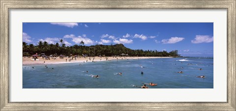 Framed Tourists on the beach, Waikiki Beach, Honolulu, Oahu, Hawaii, USA Print