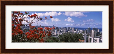 Framed Honolulu Skyline from a Distance (red flowers) Print
