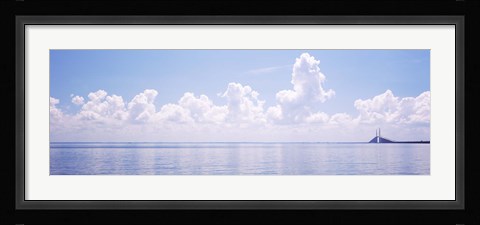 Framed Seascape with a suspension bridge in the background, Sunshine Skyway Bridge, Tampa Bay, Gulf of Mexico, Florida, USA Print