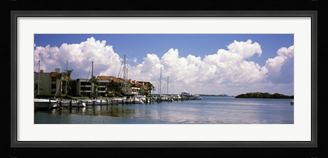 Framed Boats docked in a bay, Cabbage Key, Sunshine Skyway Bridge in Distance, Tampa Bay, Florida, USA Print