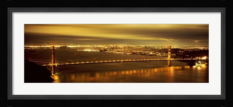 Framed Golden Gate Bridge and San Francisco Skyline Lit Up at Night Print