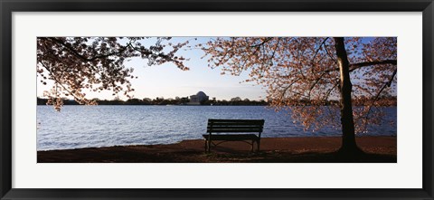 Framed Park bench with a memorial in the background, Jefferson Memorial, Tidal Basin, Potomac River, Washington DC, USA Print