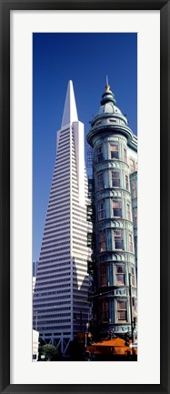 Framed Low angle view of towers, Columbus Tower, Transamerica Pyramid, San Francisco, California, USA Print