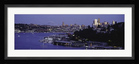 Framed City skyline at the lakeside with Mt Rainier in the background, Lake Union, Seattle, King County, Washington State, USA Print