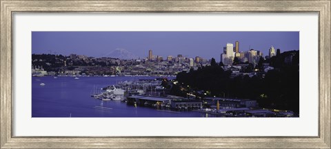 Framed City skyline at the lakeside with Mt Rainier in the background, Lake Union, Seattle, King County, Washington State, USA Print