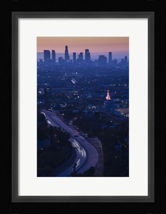 Framed High angle view of highway 101 at dawn, Hollywood Freeway, Hollywood, Los Angeles, California, USA Print