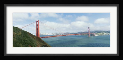 Framed Suspension bridge with a city in the background, Golden Gate Bridge, San Francisco Bay, San Francisco, California, USA Print