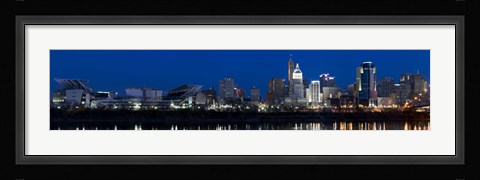 Framed Cincinnati skyline and John A. Roebling Suspension Bridge at twilight from across the Ohio River, Hamilton County, Ohio, USA Print