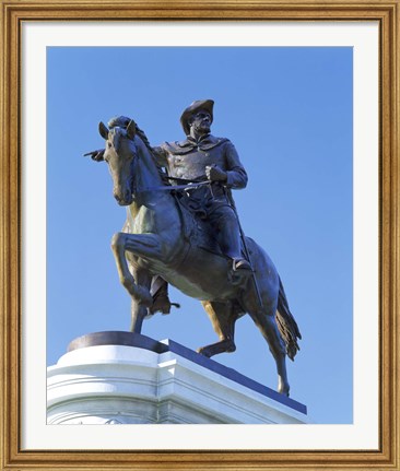 Framed Statue of Sam Houston pointing towards San Jacinto battlefield against blue sky, Hermann Park, Houston, Texas, USA Print