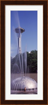 Framed Fountain with a tower in the background, Space Needle, Seattle, King County, Washington State, USA Print