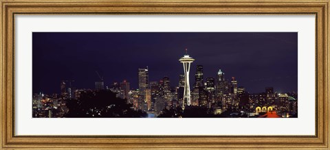 Framed Skyscrapers and Space Needle Lit Up at Night Print