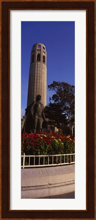 Framed Statue of Christopher Columbus in front of a tower, Coit Tower, Telegraph Hill, San Francisco, California, USA Print