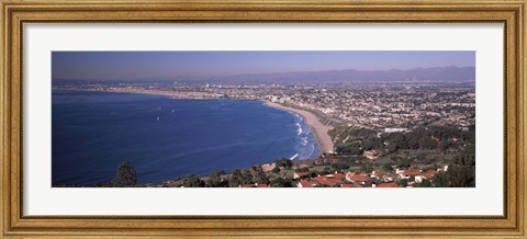 Framed Aerial view of a city at coast, Santa Monica Beach, Beverly Hills, Los Angeles County, California, USA Print