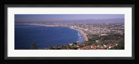 Framed Aerial view of a city at coast, Santa Monica Beach, Beverly Hills, Los Angeles County, California, USA Print