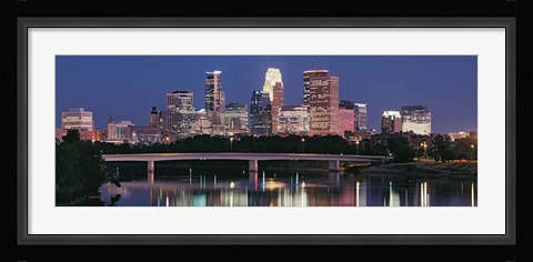 Framed Buildings lit up at night in a city, Minneapolis, Mississippi River, Hennepin County, Minnesota, USA Print