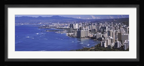 Framed High angle view of a city at waterfront, Honolulu, Oahu, Honolulu County, Hawaii Print