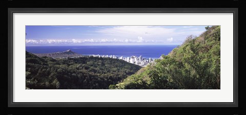 Framed Mountains with city at coast in the background, Honolulu, Oahu, Honolulu County, Hawaii, USA Print
