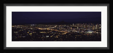 Framed Aerial view of a city lit up at night, Honolulu, Oahu, Honolulu County, Hawaii, USA 2010 Print