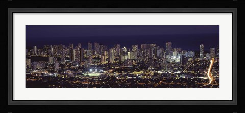 Framed High angle view of a city lit up at night, Honolulu, Oahu, Honolulu County, Hawaii Print