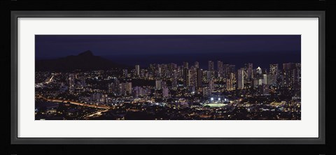 Framed High angle view of a city lit up at night, Honolulu, Oahu, Honolulu County, Hawaii, USA Print