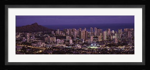 Framed High angle view of a city lit up at dusk, Honolulu, Oahu, Honolulu County, Hawaii Print