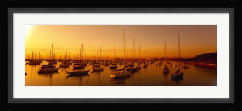 Framed Boats moored at a harbor at dusk, Chicago River, Chicago, Cook County, Illinois, USA Print