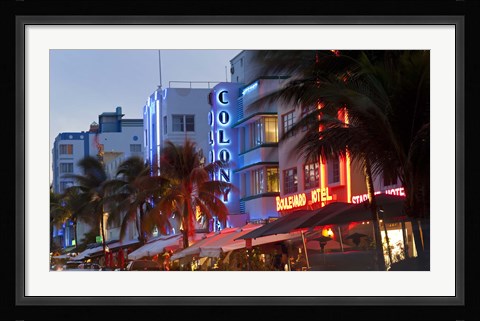 Framed Hotels lit up at dusk in a city, Miami, Miami-Dade County, Florida, USA Print