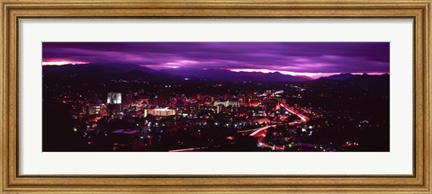 Framed Aerial view of a city lit up at night, Asheville, Buncombe County, North Carolina, USA 2011 Print