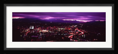 Framed Aerial view of a city lit up at night, Asheville, Buncombe County, North Carolina, USA 2011 Print