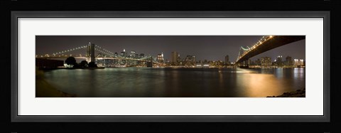 Framed Brooklyn Bridge and Manhattan Bridge across East River at night, Manhattan, New York City, New York State, USA Print