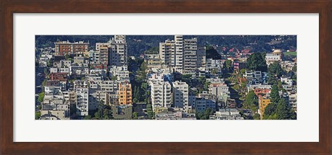 Framed Aerial view of buildings in a city, Russian Hill, Lombard Street and Crookedest Street, San Francisco, California, USA Print
