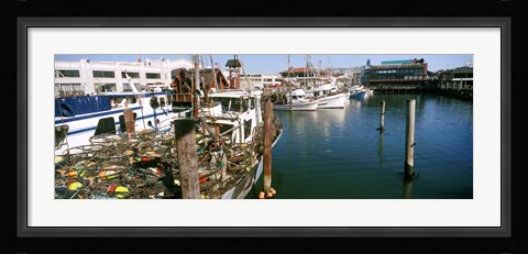 Framed Fishing boats at a dock, Fisherman's Wharf, San Francisco, California, USA Print