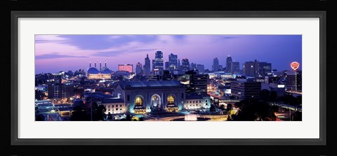 Framed Union Station at sunset with city skyline in background, Kansas City, Missouri Print