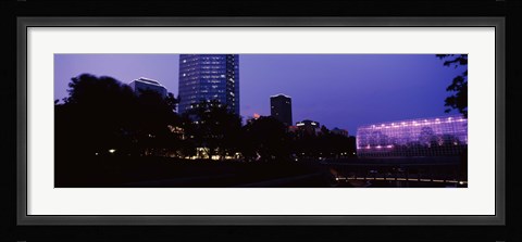 Framed Devon Tower and Crystal Bridge Tropical Conservatory at night, Oklahoma City, Oklahoma, USA Print