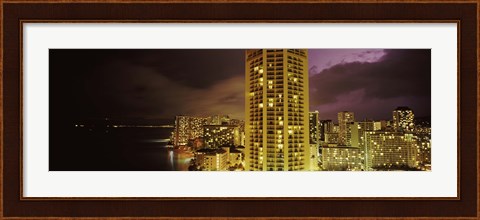 Framed Buildings lit up at night, Honolulu, Oahu, Hawaii, USA Print