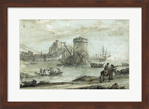 Framed Figures in a Landscape before a Harbor Print