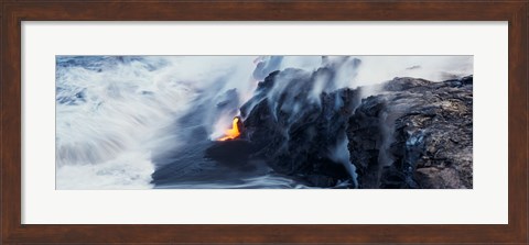 Framed High angle view of lava flowing into the Pacific Ocean, Volcano National Park, Hawaii, USA Print