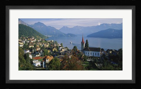Framed VillageWeggis &amp; Lake Vierwaldstattersee, Switzerland Print
